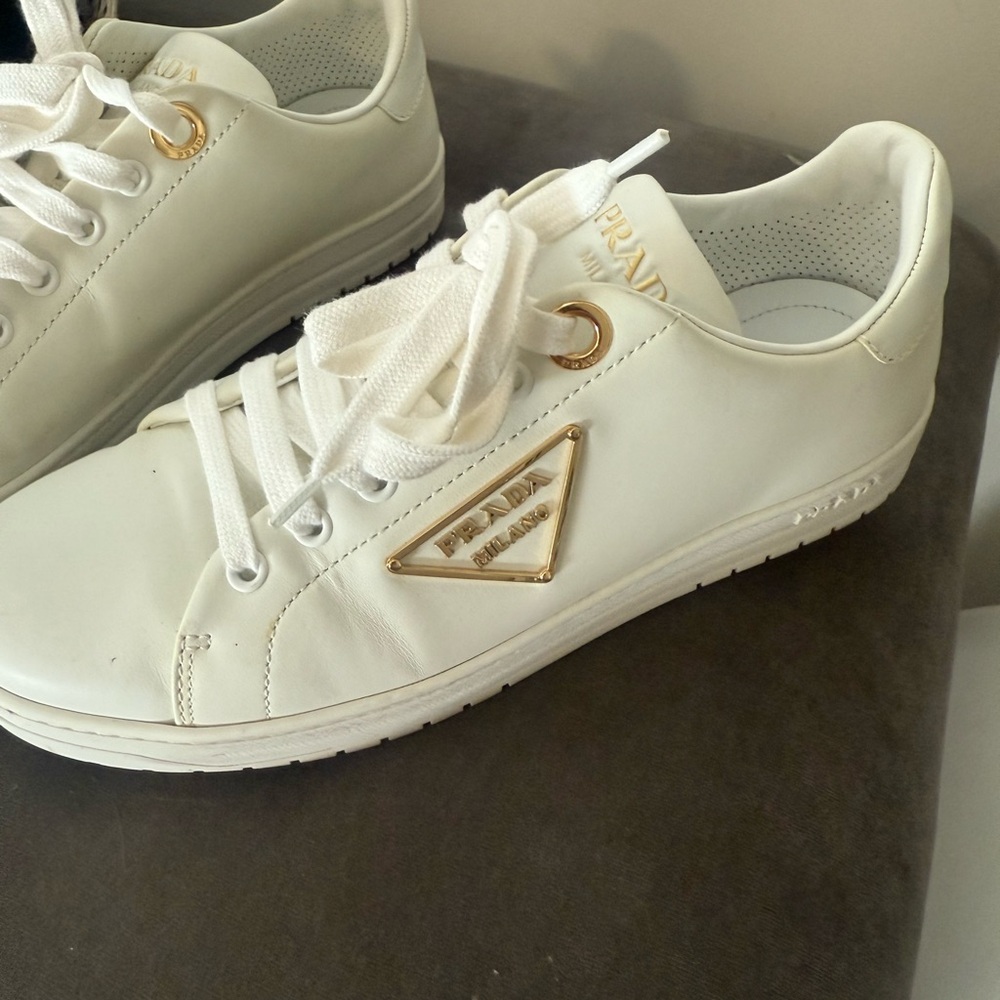 Prada Women's Cream Sneakers with Gold Accents - Picture 2 of 7